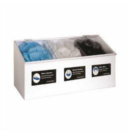 Rackem Safety Hair Net/Beard Cover/Shoe/Arm Sleeve Cover - 3 Compartment Dispenser, Each Compartment is 7.5" wide  WHITE HEAVY-DUTY PLASTIC with clear lid, table or wall mount