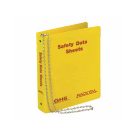Rackem Safety 1.5" SDS Binder, English.  This GHS compliant highly visible binder is easy to find & makes access to important SDS chemical hazard sheets fast and easy.