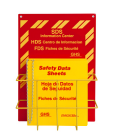 Rackem Safety SDS Center,  English - Includes SDS sign, 1.5" binder, and wire rack, all in one box. Mounting screws included.   This GHS compliant highly visible binder is easy to find & makes access to important SDS chemical hazard sheets fast and easy.
